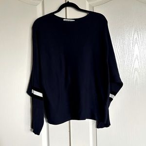 Cotton‎ Emporium ribbed knit white striped sleeve boat neck sweater Large